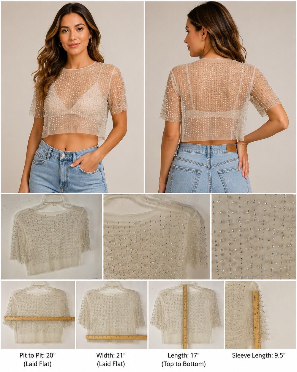 Sheer Pearl Beaded Mesh Crop Top Ivory Rhinestone Party Festival Medium